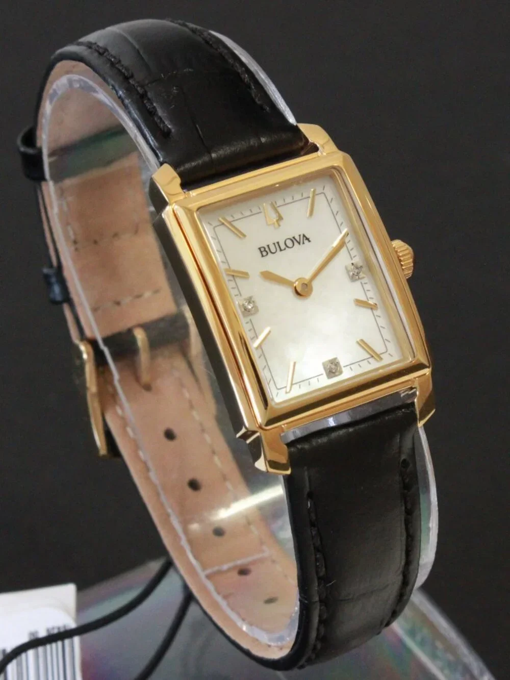 Bulova Ladies Sutton Classic Watch Diamond Accents MOP Dial Black Leather 21mm